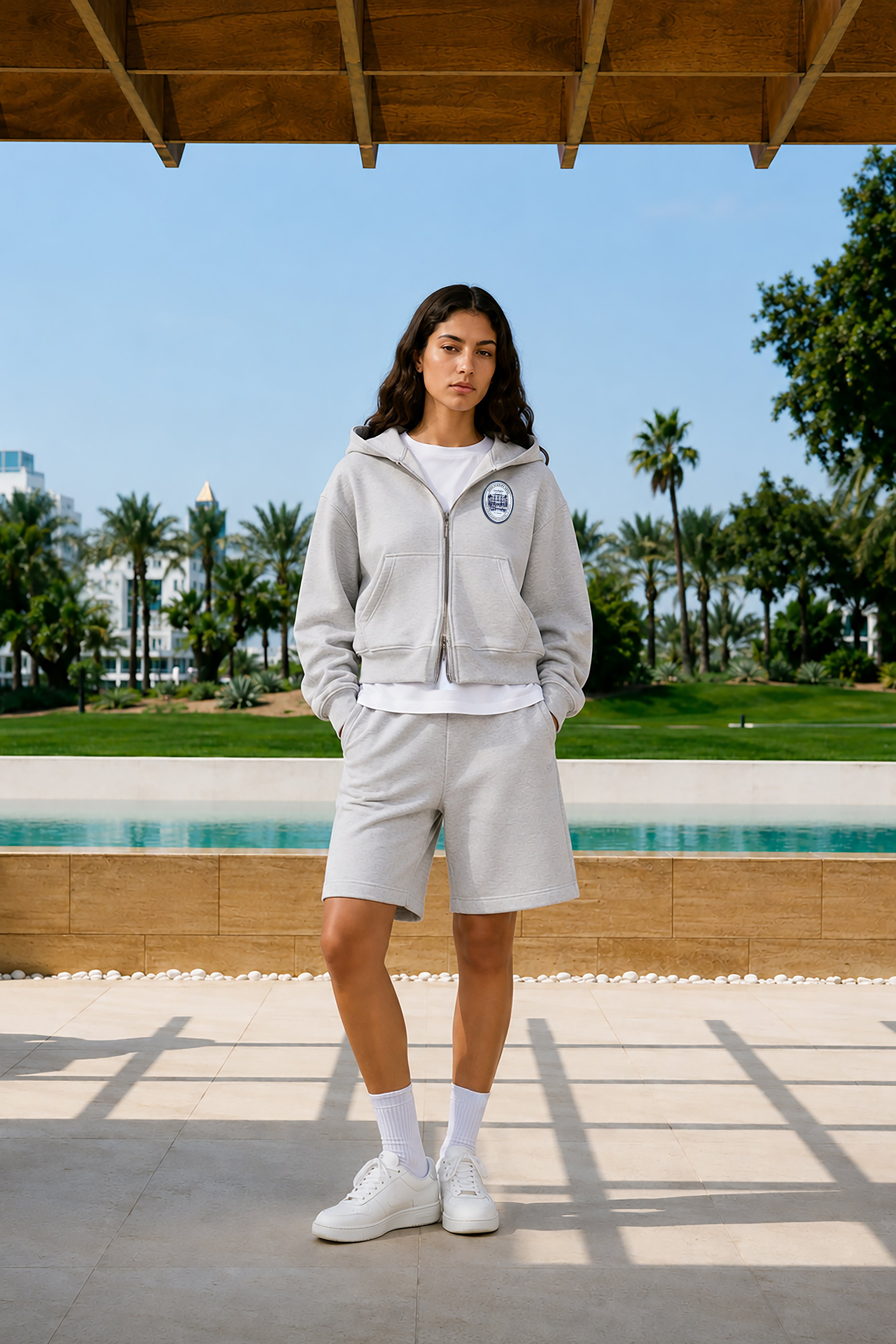 St. Tropez Hotel Zip-Through Hoodie in grey marl by Creo Studios