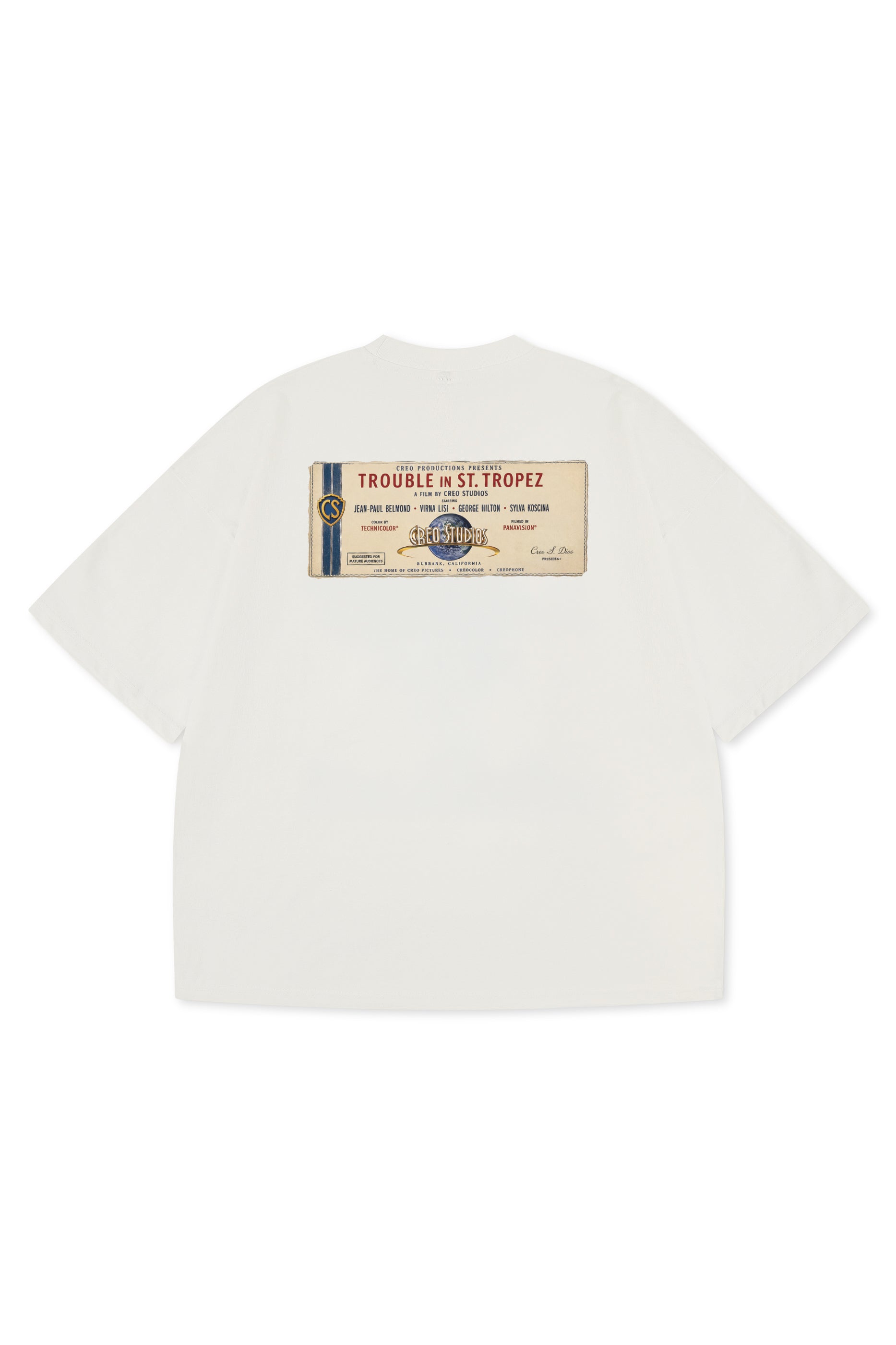 Trouble in St. Tropez Tee unisex cotton t-shirt in off-white by Creo Studios